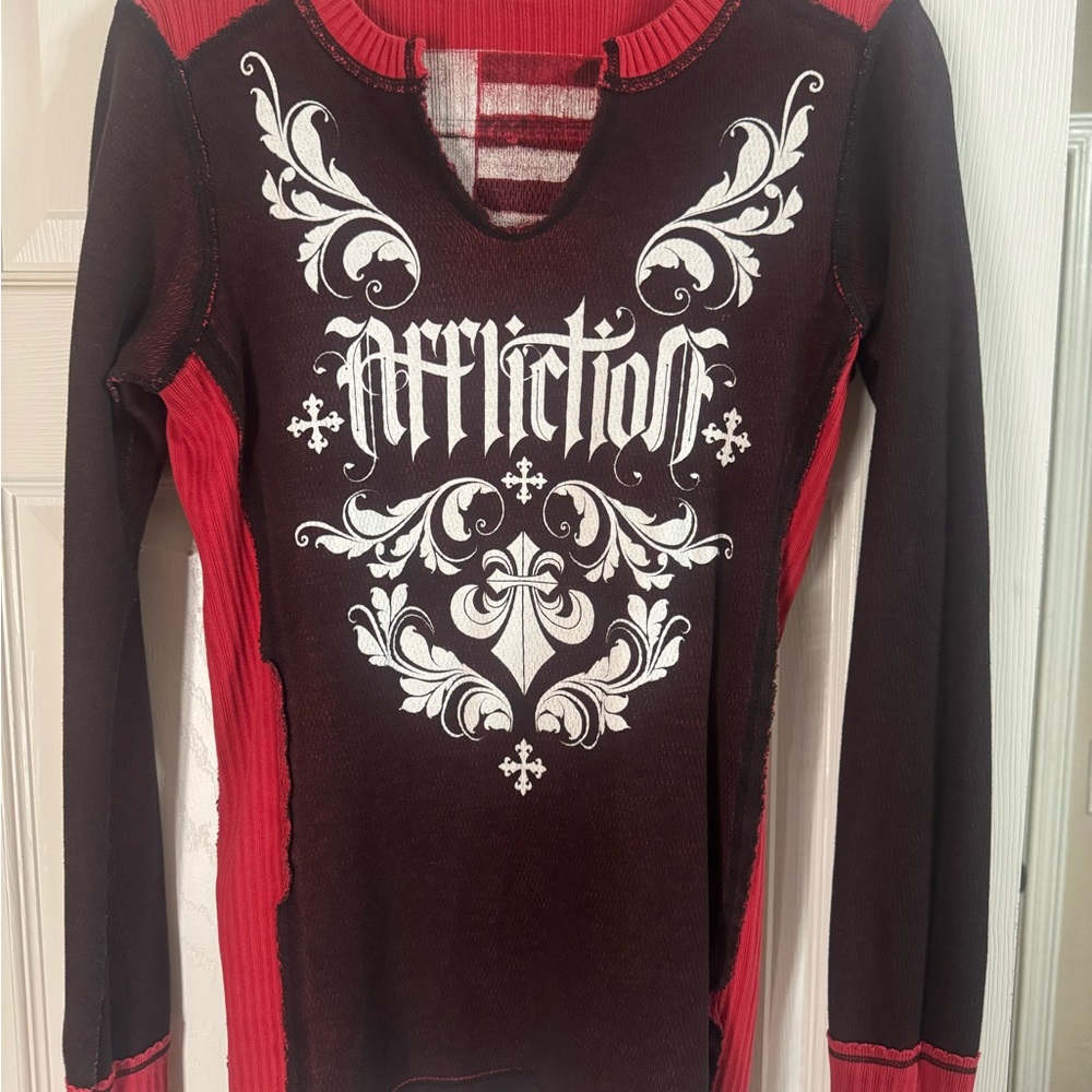 Affliction Red and Black Graphic Long Sleeve